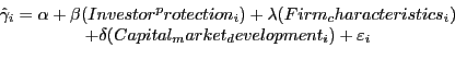 \begin{displaymath}\begin{array}[c]{c} \hat{\gamma}_{i} =\alpha+\beta(Investor^{p}rotection_{i} )+\lambda (Firm_{c}haracteristics_{i} )\\ +\delta(Capital_{m}arket_{d}evelopment_{i} )+\varepsilon_{i}\\ \end{array}\end{displaymath}