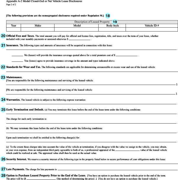 Image of Sample Closed-End Leasing Form: "Federal Consumer Leasing Act Disclosures," Page 2
