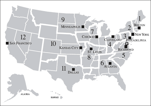 Image map of the United States with links to the Federal Reserve Districts