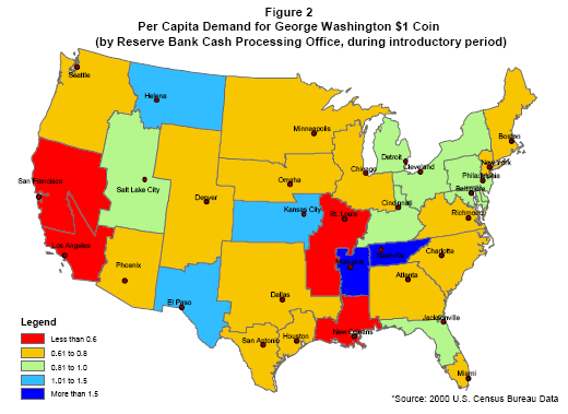 Figure 2. Per Capita Demand for George Washington $1 Coin (by Reserve Bank Cash Processing Office, during introductory period)