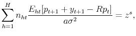 \displaystyle \sum_{h=1}^{H} n_{ht} \frac{E_{ht}[p_{t+1}+y_{t+1}-Rp_t]}{a\sigma^2} = z^s,