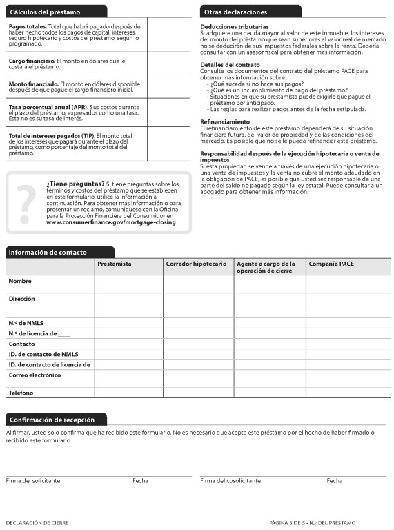 H-28(L)—Mortgage Loan Transaction Closing Disclosure—Model Form for Pace Transactions—Spanish Language Model Form (continued)
