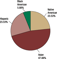 State member MDIs by minority type. Pie chart. Values are as follows: Asian American: 47.06%; Hispanic American: 23.53%. Native American: 23.53%; Black American: 5.88%.