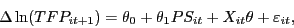 \begin{displaymath} \Delta \ln (TFP_{it+1} )=\theta _0 +\theta _1 PS_{it} +X_{it} \theta +\varepsilon _{it} , \end{displaymath}