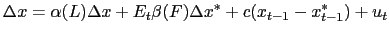 LaTex Encoded Math: \displaystyle \Delta x=\alpha(L)\Delta x+E_{t}\beta(F)\Delta x^{\ast}+c(x_{t-1}% -x_{t-1}^{\ast})+u_{t}