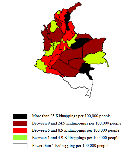 Note:  Panel A of Figure 5 shows the distribution of kidnapping rates (average, 1996-2002) across Colombia&rsquo;s continental departments.  Darker areas represent departments with higher kidnapping rates.  The map divides Colombia into five types of departments according to their kidnapping rates:  (1) fewer than 1 kidnapping per 100,000 people (1 department, in white); (2) between 1 and 4.9 kidnappings per 100,000 people (10 departments, in pale green); (3) between 5 and 8.9 kidnappings per 100,000 people (9 departments, in red); (4) between 9 and 24.9 kidnappings per 100,000 people (9 departments, in brown); and (5) more than 25 kidnappings per 100,000 people (3 departments, in black).