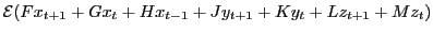 LaTex Encoded Math: \displaystyle \mathcal{E}(F x_{t+1} +G x_t + H x_{t-1} + J y_{t+1} + K y_t + L z_{t+1} + M z_t)