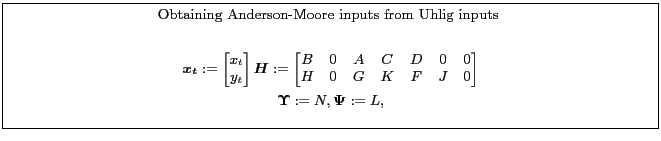 \fbox{\parbox{0.9\textwidth}{\small \centerline{Obtaining Anderson-Moore inputs from Uhlig inputs }\begin{gather*} \boldsymbol{x_t}:= \begin{bmatrix} x_t\\ y_t \end{bmatrix}\boldsymbol{H}:= \begin{bmatrix} B&0&A&C&D&0&0\ H&0&G&K&F&J&0\ \end{bmatrix}\ \boldsymbol{\Upsilon }:= N,\boldsymbol{\Psi}:=L, \end{gather*} }}