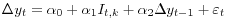 \Delta y_{t}=\alpha _{0}+\alpha _{1}I_{t,k}+\alpha _{2}\Delta y_{t-1}+\varepsilon _{t }