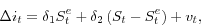 \begin{displaymath} \Delta i_t =\delta _1 S_t^e +\delta _2 \left( {S_t -S_t^e } \right)+v_t , \end{displaymath}