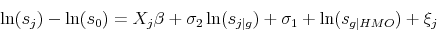 \begin{displaymath} \ln(s_j) - \ln(s_0) = X_j \beta + \sigma_2 \ln(s_{j\vert g}) + \sigma_1 + \ln(s_{g\vert HMO}) + \xi_j \end{displaymath}