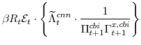 \displaystyle \beta R_{t} \mathcal{E}_{t}\cdot \left\{\widetilde{\Lambda}^{cnn}_{t}\cdot \frac{1}{\Pi^{cbi}_{t+1}\Gamma^{x,cbi}_{t+1}} \right\}