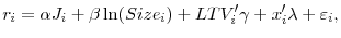 \displaystyle r_i = \alpha J_i + \beta \ln(Size_i) + LTV_i' \gamma + x_i' \lambda + \varepsilon_i,