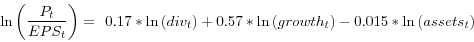 \begin{displaymath} \ln \left( {\frac{P_t }{EPS_t }} \right)= \;0.17\ast \ln \left( {div_t } \right)+0.57\ast \ln \left( {growth_t } \right)-0.015\ast \ln \left( {assets_t } \right) \end{displaymath}