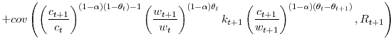 \displaystyle +cov\left( \left( \frac{c_{t+1}}{c_{t}}\right) ^{\left( 1-\alpha \right) \left( 1-\theta_{t}\right) -1}\left( \frac{w_{t+1}}{w_{t}}\right) ^{\left( 1-\alpha\right) \theta_{t}}k_{t+1}\left( \frac{c_{t+1}}{w_{t+1}% }\right) ^{\left( 1-\alpha\right) \left( \theta_{t}-\theta_{t+1}\right) },R_{t+1}\right)