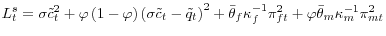 \displaystyle L_{t}^{s}=\sigma\tilde{c}_{t}^{2}+\varphi\left( 1-\varphi\right) ... ...a_{f}% ^{-1}\pi_{ft}^{2}+\varphi\bar{\theta}_{m}\kappa_{m}^{-1}\pi_{mt}^{2}% 