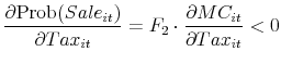 \displaystyle \frac{\partial \mbox{Prob}(Sale_{it})}{\partial Tax_{it}} = F_2 \cdot \frac{\partial MC_{it}}{\partial Tax_{it}} < 0