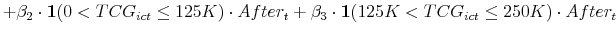 \displaystyle + \beta_2 \cdot \mathbf{1}(0<TCG_{ict}\leq125K) \cdot After_t + \beta_3 \cdot \mathbf{1}(125K< TCG_{ict}\leq250K) \cdot After_t