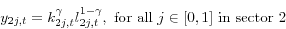 \begin{displaymath} y_{2j,t} =k_{2j,t}^\gamma l_{2j,t}^{1-\gamma } , \mbox{ for all } j\in [0,1] \mbox{ in} \mbox{ sector 2 } \end{displaymath}