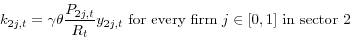 \begin{displaymath} k_{2j,t} =\gamma \theta \frac{P_{2j,t} }{R_t }y_{2j,t} \mbox{ for every firm }j\in [0,1] \mbox{ in sector 2 } \end{displaymath}