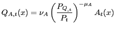$\displaystyle Q_{A,t}(x)=\nu_{A}\left( \frac{P_{Q_{,t}}}{P_{t}}\right) ^{-\mu_{A}} A_{t}(x)$