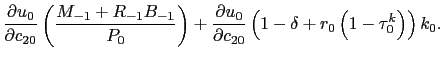 $\displaystyle \frac{\partial u_{0}}{\partial c_{20}} \left( \frac{M_{-1} + R_{-1} B_{-1}}{P_{0}} \right) + \frac{\partial u_{0}}{\partial c_{20}} \left( 1-\delta+ r_{0} \left( 1-\tau^{k}_{0} \right) \right) k_{0}.$