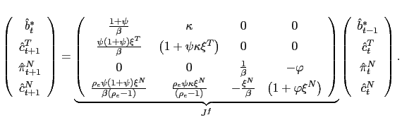 $\displaystyle \left( \begin{array}[c]{c} \hat{b}_{t}^{\ast}\\ \text{$\hat{c}_{t+1}^{T}$}\\ \hat{\pi}_{t+1}^{N}\\ \text{$\hat{c}_{t+1}^{N}$} \end{array} \right) =\underset{J^{f}}{\underbrace{\left( \begin{array}[c]{cccc} \frac{1+\psi}{\beta} & \kappa & 0 & 0\\ \frac{\psi\left( 1+\psi\right) \xi^{T}}{\beta} & \left( 1+\psi\kappa\xi ^{T}\right) & 0 & 0\\ 0 & 0 & \frac{1}{\beta} & -\varphi\\ \frac{\rho_{\epsilon}\psi\left( 1+\psi\right) \xi^{N}}{\beta(\rho_{\epsilon }-1)} & \frac{\rho_{\epsilon}\psi\kappa\xi^{N}}{(\rho_{\epsilon}-1)} & -\frac{\xi^{N}}{\beta} & \left( 1+\varphi\xi^{N}\right) \end{array} \right) }}\left( \begin{array}[c]{c} \hat{b}_{t-1}^{\ast}\\ \text{$\hat{c}_{t}^{T}$}\\ \hat{\pi}_{t}^{N}\\ \text{$\hat{c}_{t}^{N}$} \end{array} \right) .$
