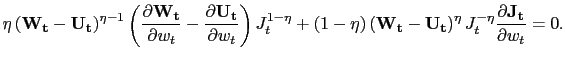$\displaystyle \eta\left( \mathbf{W_{t}} - \mathbf{U_{t}}\right) ^{\eta-1} \left( \frac{\partial{\mathbf{W_{t}}}}{\partial w_{t}} - \frac{\partial {\mathbf{U_{t}}}}{\partial w_{t}} \right) J_{t}^{1-\eta} + (1-\eta) \left( \mathbf{W_{t}} - \mathbf{U_{t}}\right) ^{\eta} J_{t}^{-\eta} \frac {\partial\mathbf{J_{t}}}{\partial w_{t}} = 0.$