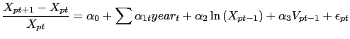 $\displaystyle \frac{X_{pt+1}-X_{pt}}{X_{pt}}=\alpha_{0}+\sum\alpha_{1t}year_{t}+\alpha _{2}\ln\left( X_{pt-1}\right) +\alpha_{3}V_{pt-1}+\epsilon_{pt}$