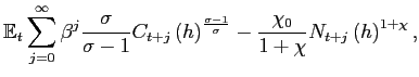 $\displaystyle \mathbb{E}_{t}\sum_{j=0}^{\infty}\beta^{j}\frac{\sigma}{\sigma-1} C_{t+j}\left( h\right) ^{\frac{\sigma-1}{\sigma} } - \frac{\chi_{0}}{1+\chi }N_{t+j}\left( h\right) ^{1+\chi} ,$