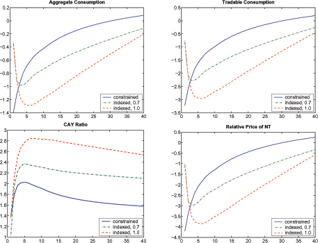 Figure 7 plots the conditional forecasting functions for aggregate consumption, tradable consumption, current account-output ratio, and relative price of nontradables in response to a 1-standard-deviation negative shock. The Solid blue lines plot forecast functions in the frictionless economy, the dashed green lines plot the forecast function in the indexed economy with the degree of indexation 0.7, and dashed red lines plot the forecast functions in indexed economy with the degree of indexation 1.0. This figure suggests that when the degree of indexation becomes higher, 0.7 and 1.0, for example, tradables consumption and aggregate consumption fall below the constrained case after the fourth quarter and stay below for more than 30 quarters, despite the initially small effects of a negative endowment shock. In other words, degrees of indexation higher than 0.45 in an indexed economy imply more pronounced detrimental Sudden Stop effects than in a constrained economy.