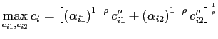 $\displaystyle \max_{c_{i1}, c_{i2}}c_{i}=\left[ \left( \alpha_{i1}\right) ^{1-\rho }c_{i1}^{\rho}+\left( \alpha_{i2}\right) ^{1-\rho}c_{i2}^{\rho}\right] ^{ \frac{1}{\rho}}$