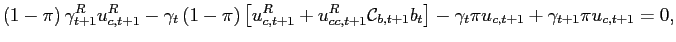 $\displaystyle {\small\left( 1-\pi\right) \gamma_{t+1}^{R}u_{c,t+1}^{R}-\gamma_{t}\left( 1-\pi\right) \left[ u_{c,t+1}^{R}+u_{cc,t+1}^{R}\mathcal{C}_{b,t+1}b_{t}\right] -\gamma_{t}\pi u_{c,t+1}+\gamma_{t+1}\pi u_{c,t+1}=0,}$