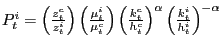 $ P_{t}^{i}=\left( \frac{z_{t}^{c}}{z_{t}^{i}}\right) \left( \frac{\mu_{t}^{i}}{\mu_{t}^{c}}\right) \left( \frac{k_{t}^{c}} {h_{t}^{c}}\right) ^{\alpha}\left( \frac{k_{t}^{i}}{h_{t}^{i}}\right) ^{-\alpha}$