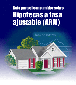 Gu&iacute;a para el consumidor sobre hipotecas a tasa ajustable (ARM). Illustraci&oacute;n de una casa con gr&aacute;fico de la tasa de inter&eacute;s en el fondo.