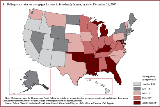 Figure A: Delinquency rates on mortgages for one- to four-family homes, by state, December 31, 2007