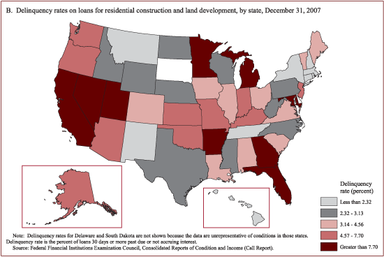 Figure B: Delinquency rates on loans for residential construction and land development, by state, December 31, 2007