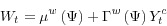 \begin{displaymath} W_{t}=\mu^{w}\left( \Psi\right) +\Gamma^{w}\left( \Psi\right) Y_{t}^{c} \end{displaymath}