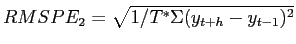  RMSPE_{2}=\sqrt{1/T^{\ast}\Sigma(y_{t+h}-y_{t-1})^{2}}