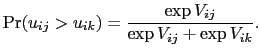 LaTex Encoded Math: \displaystyle \Pr(u_{ij} > u_{ik})={ {\exp{V_{ij}}} \over {\exp{V_{ij}+\exp{V_{ik}}}}} .