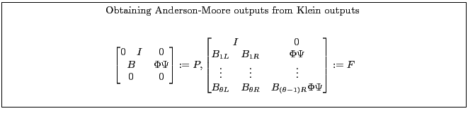 \fbox{\parbox{0.9\textwidth}{\small \centerline{Obtaining Anderson-Moore outputs from Klein outputs }\begin{gather*} \begin{bmatrix} 0&I&0\\ \multicolumn{2}{c}{B}&\Phi \Psi\ \multicolumn{2}{c}{0}&0 \end{bmatrix}:=P, \begin{bmatrix} \multicolumn{2}{c}{I}&0\ B_{1L}&B_{1R}&\Phi\Psi\ \vdots&\vdots& \vdots\ B_{\theta L}&B_{\theta R}&B_{(\theta-1)R}\Phi\Psi\ \end{bmatrix}:=F \end{gather*} }}