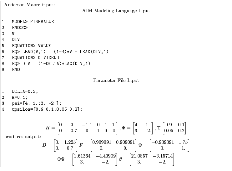  $\fbox{
\begin{minipage}{\textwidth}
\par
Anderson-Moore input:
\par
\centerline{AIM Modeling Language Input}
\listinginput{1}{firmValue.tex}
\par
\centerline{Parameter File Input}
\listinginput{1}{setParams.tex}
\par
\begin{gather*}
H=
\begin{bmatrix}
0 &0 &-1.1 &0 &1 &1.\\
 0 &-0.7 &0 &1 &0 &0
\end{bmatrix},
\Psi=
\begin{bmatrix}
 4. &1.\\
 3. &-2.
\end{bmatrix},
\Upsilon
\begin{bmatrix}
 0.9 &0.1\\
 0.05 &0.2
\end{bmatrix}
\end{gather*}
produces output:
\begin{gather*}
B=
\begin{bmatrix}
 0. &1.225\\
 0. &0.7
\end{bmatrix}
F=
\begin{bmatrix}
 0.909091 &0.909091\\
 0. &0.
\end{bmatrix}
\Phi=
\begin{bmatrix}
 -0.909091 &1.75\\
 0. &1.
\end{bmatrix}\\
\Phi \Psi=\begin{bmatrix}%{\bf RawData}
 1.61364 &-4.40909\\
 3. &-2.
\end{bmatrix}
\vartheta=
\begin{bmatrix}
 21.0857 &-3.15714\\
 3. &-2.
\end{bmatrix}
\end{gather*}
\end{minipage}
}$