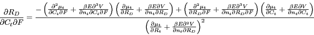 \begin{displaymath} \frac{\partial R_D }{\partial C_t \partial F}=\frac{-\left( ... ...{\beta E\partial ^2V}{\partial n_t \partial R_D }} \right)^2} \end{displaymath}