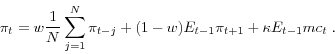 \begin{displaymath} \pi _t & = & w\frac{1}{N}\sum\limits_{j=1}^N {\pi _{t-j} } +(1-w)E_{t-1} \pi _{t+1} +\kappa E_{t-1} mc_t \;. \end{displaymath}