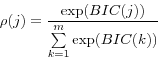 \begin{displaymath} \rho (j) & = & \frac{\exp (BIC(j))}{\sum\limits_{k=1}^m {\exp (BIC(k))} } \end{displaymath}