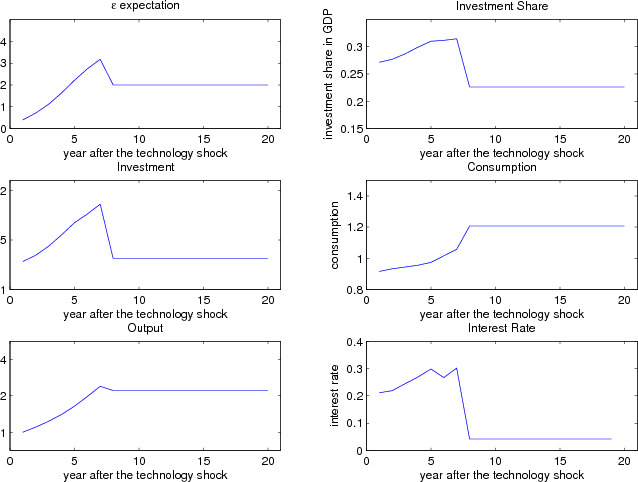 Figure 5.  Title Impulse Response of a Decreasing Hazard Rate epsilon Distribution. The graph has six panels, showing the response of a number of variables to a technology shock that is drawn from a distribution with decreasing hazard rates.  In each panel, the horizontal axis is years after the shock, the vertical axis is the value of the variables that will be affected by the shock.  The top-left panel shows the conditional expectation of epsilon, it reaches the highest level above 0.3 in period 7 and returns back to 0.2 in period 8.  The middle-left panel is the investment response, which continues to grow until period 7 and sharply decreases in period 8.  The lower-left panel is the output dynamics, which increases until period 7, then decreases in period 8, then becomes relatively flat after that.  The top-right panel is the investment share.  It increases in the first 7 periods and sharply decreases in period 8, and stays constant after that.  The middle-right panel shows that consumption increases in the first 7 period and jumps to an even higher level in period 8 and stays relatively constant after that.  The lower-right panel shows that interest rate stays at a high level, with some fluctuations, in the first 7 periods and decreases to the normal level after period 8.