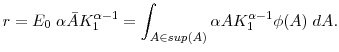 \displaystyle r = E_0\;\alpha \bar{A} K_1^{\alpha-1} = \int_{A\in sup(A)} \alpha A K_1^{\alpha-1} \phi(A) \; dA.