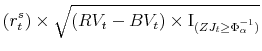 \displaystyle (r^s_t)\times\sqrt{(RV_t-BV_t) \times\mbox{I}% _{(ZJ_t\ge\Phi^{-1}_{\alpha})}}