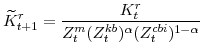 \displaystyle \widetilde{K}^{r}_{t+1}=\frac{K^{r}_{t}}{Z^{m}_{t}(Z^{kb}_{t})^{\alpha}(Z^{cbi}_{t})^{1-\alpha}}