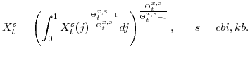 \displaystyle X^{s}_{t} =\left(\int_{0}^{1} X_{t}^{s}(j)^{\frac{\Theta^{x,s}_{t}-1} {\Theta^{x,s}_{t}}}dj\right)^{\frac{\Theta^{x,s}_{t}} {\Theta^{x,s}_{t}-1}}, s=cbi,kb.